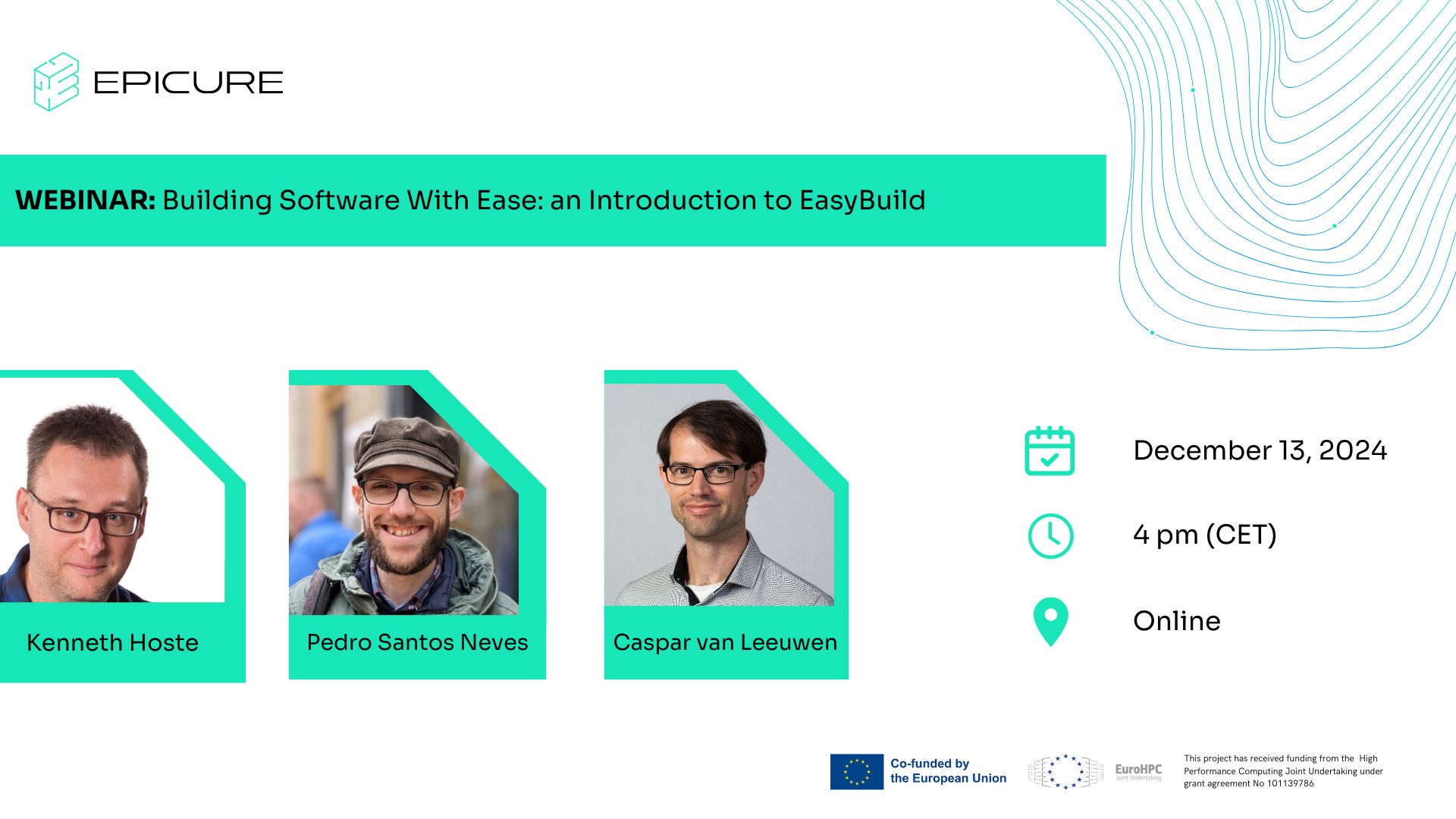 An image featuring EPICURE´s logo placed above the title which is placed in a green box. Below the title there are photos of the three speakers. To the right of the picture there is a date, hour and place for the webinar. The background is white.