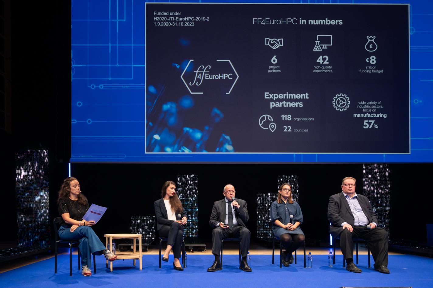 A conference panel on stage during the FF4EuroHPC session. Five speakers sit under a large presentation slide showing project statistics such as partners, experiments, and funding.