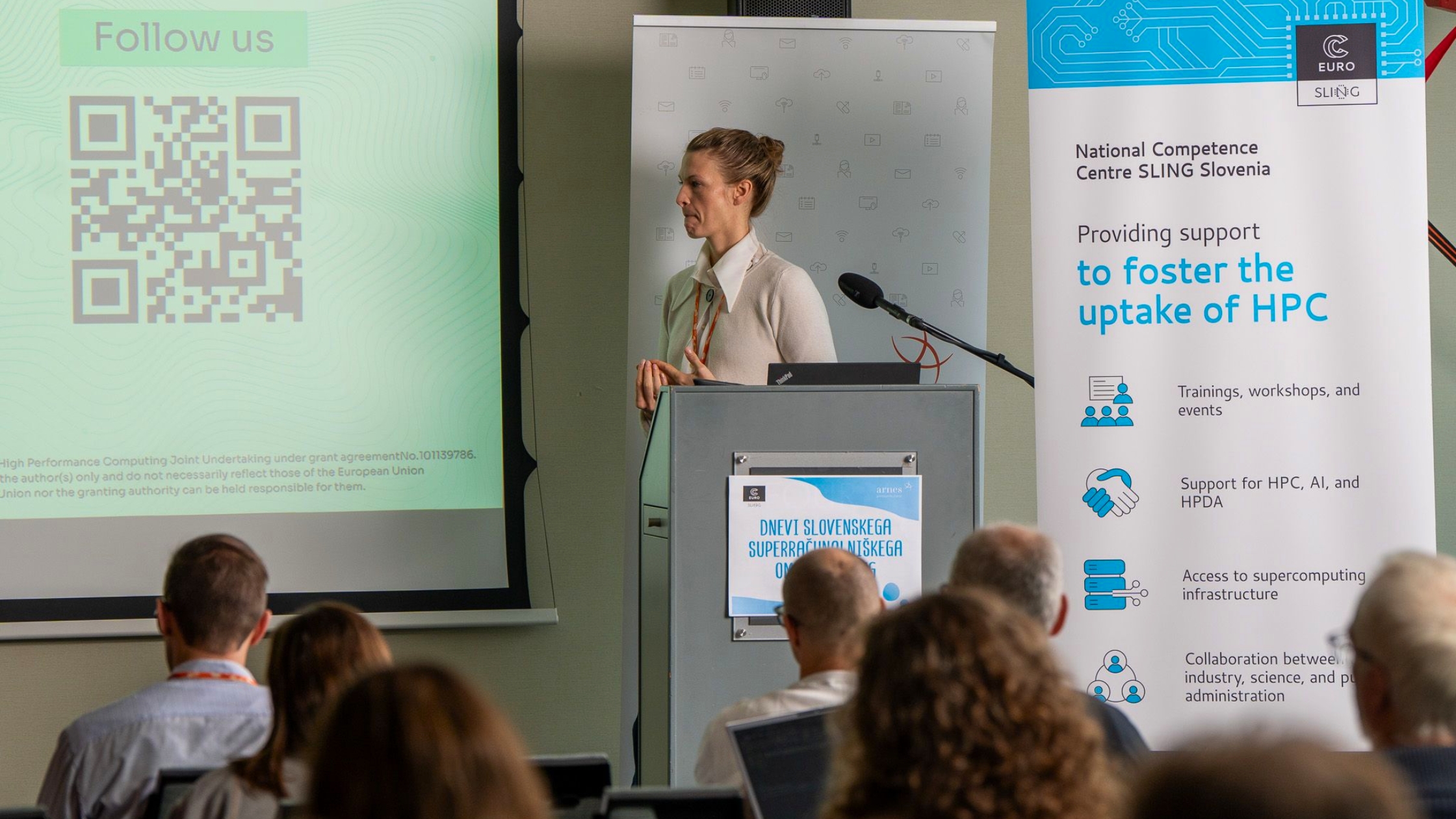 Woman speaker presenting HPC support initiatives at SLING Days 2025.