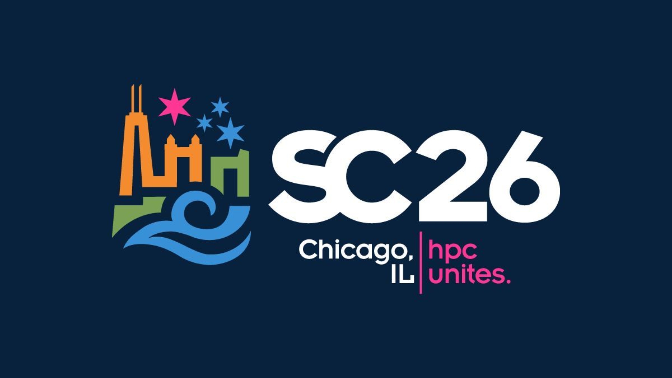 Event logo for SC26 showing a stylised Chicago skyline with stars, waves, and the text “SC26 Chicago, IL – hpc unites.”