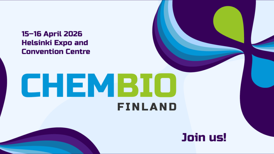 Promotional graphic for CHEMBIO Finland, featuring the event dates (15–16 April 2026), location (Helsinki Expo and Convention Centre), and a “Join us!” call to action with abstract blue and green design elements
