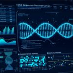 Digital interface showing DNA sequence reconstruction with a central double helix, surrounded by genomic data visualisations, charts, and analysis panels.