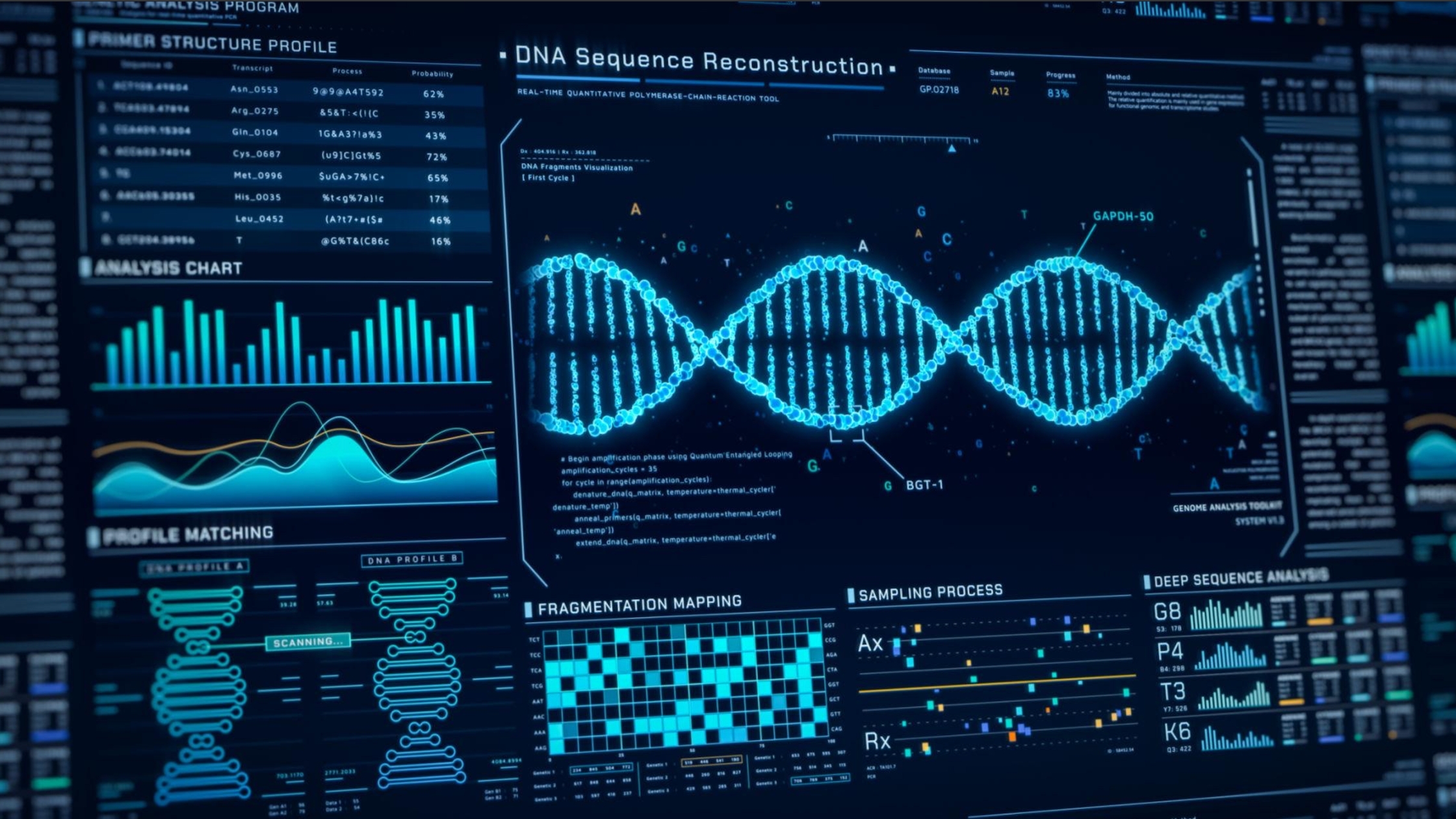 Digital interface showing DNA sequence reconstruction with a central double helix, surrounded by genomic data visualisations, charts, and analysis panels.