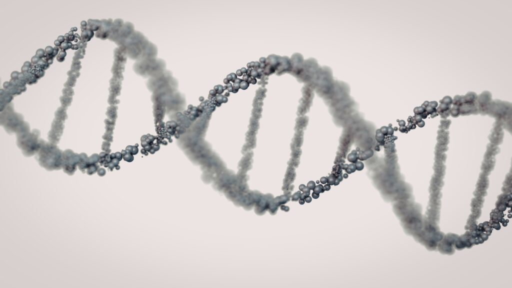 Close-up 3D illustration of a DNA double helix composed of clustered particles against a light background.