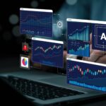 Hand interacting with virtual dashboards displaying financial charts and analytics, alongside an AI interface icon, on a laptop screen.