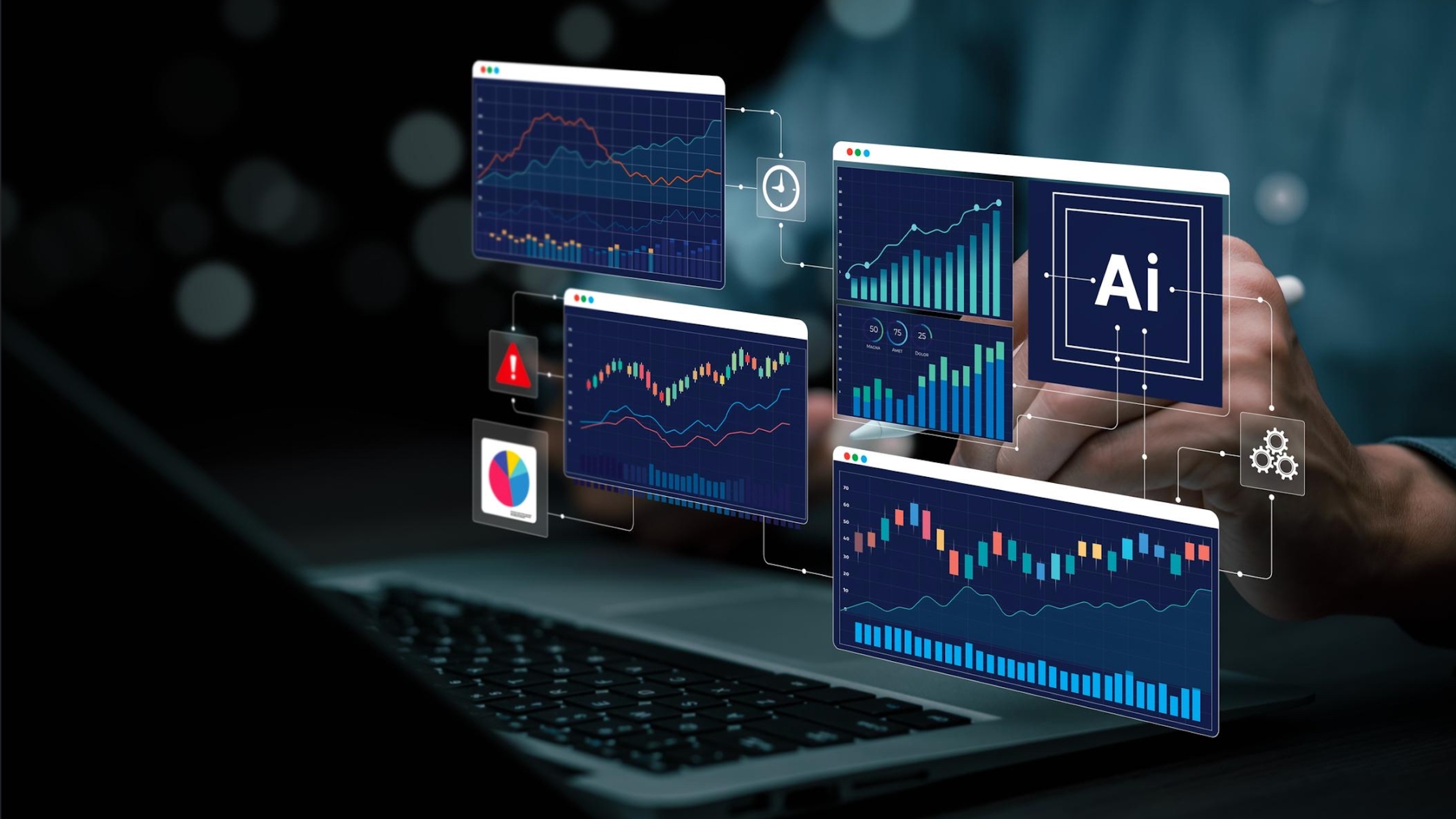Hand interacting with virtual dashboards displaying financial charts and analytics, alongside an AI interface icon, on a laptop screen.