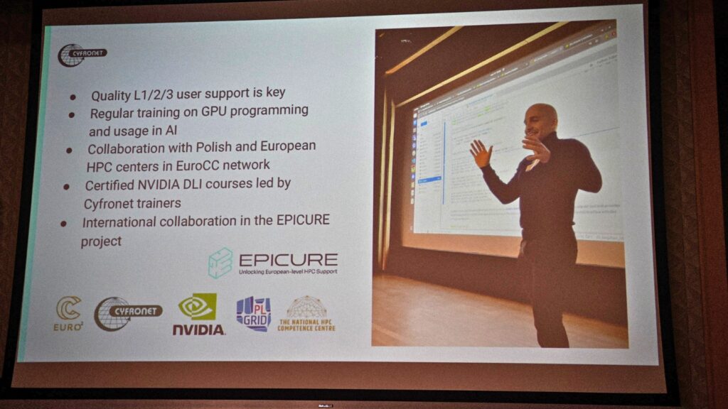 Conference slide presentation showing key points on HPC user support, GPU training, and collaboration, with a speaker gesturing in front of a projected screen and EPICURE and partner logos displayed.