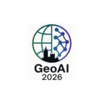 GeoAI 2026 logo featuring a circular icon combining a globe grid and a network of connected nodes, with a city skyline silhouette at the bottom.