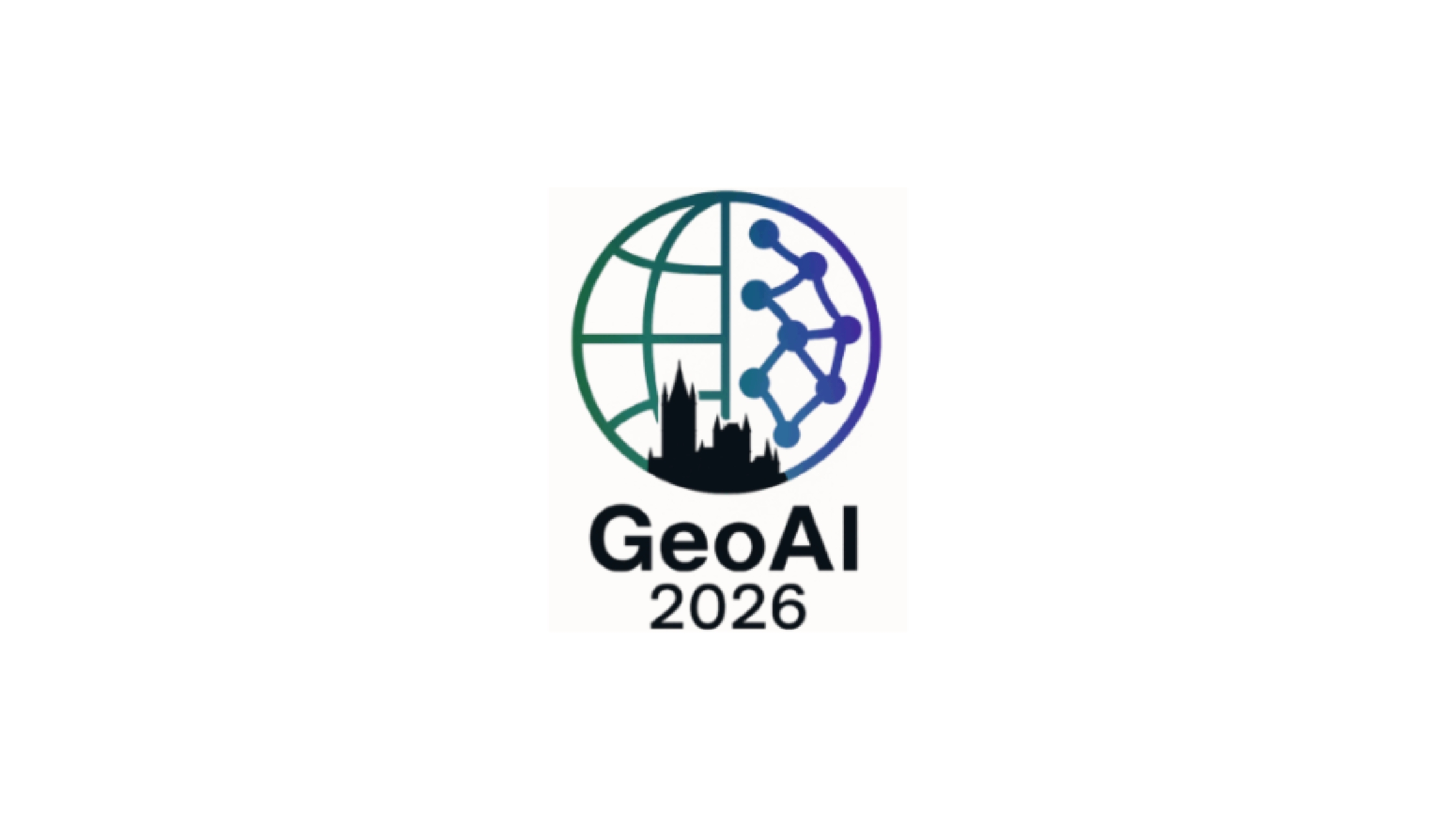 GeoAI 2026 logo featuring a circular icon combining a globe grid and a network of connected nodes, with a city skyline silhouette at the bottom.