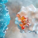 Abstract scientific visualisation of molecular interaction, showing fluid-like structures in blue and white with a highlighted central binding area in orange and red.