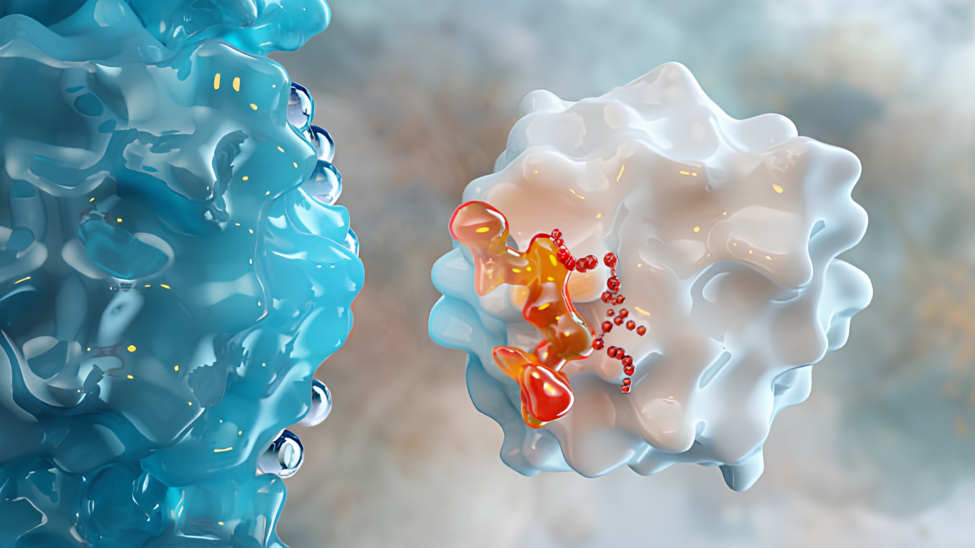 Abstract scientific visualisation of molecular interaction, showing fluid-like structures in blue and white with a highlighted central binding area in orange and red.