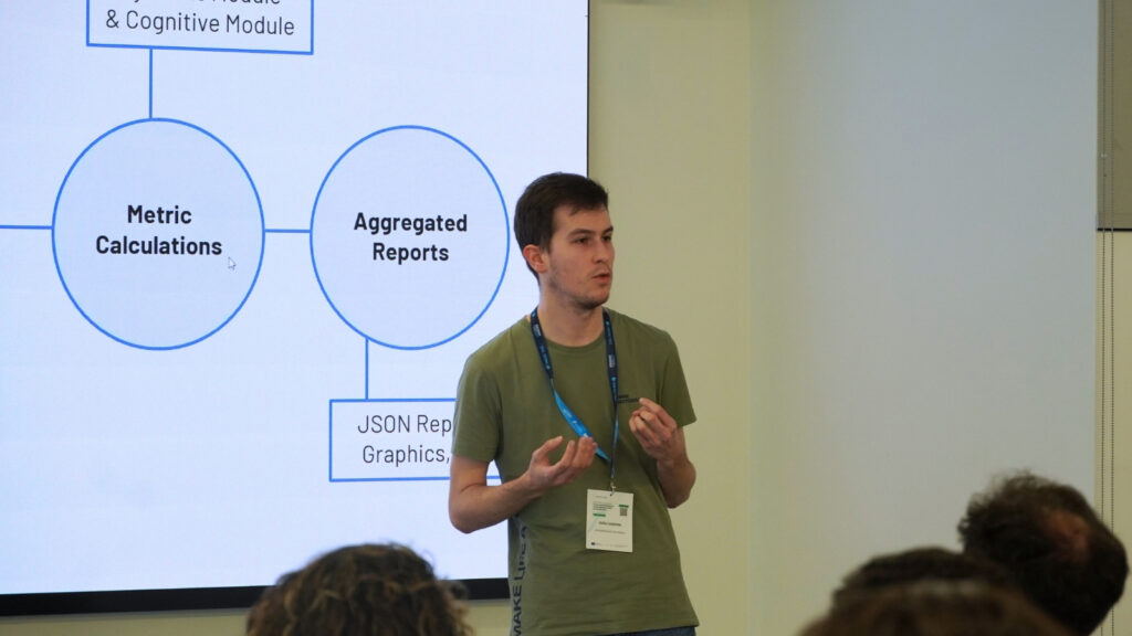 Presenter explaining a slide with diagram elements on metric calculations and aggregated reports during an HPC workshop session.