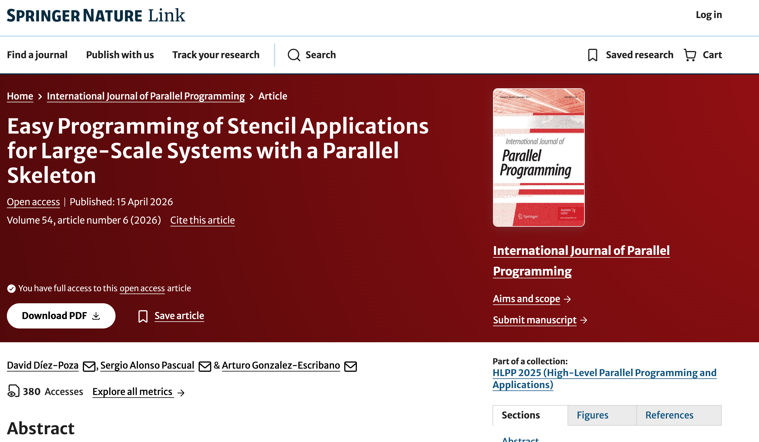 Screenshot of International Journal of Parallel Programming page.