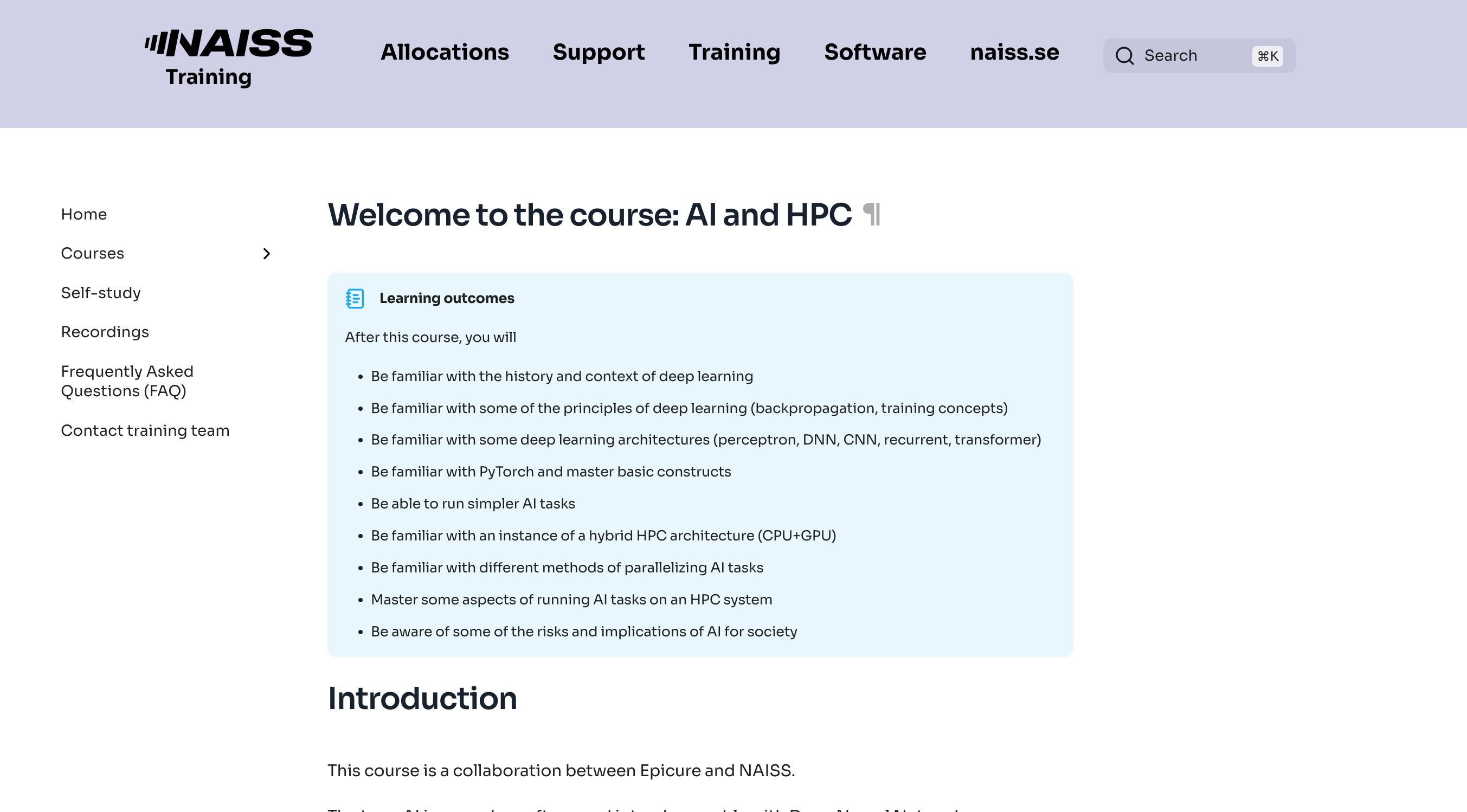Screenshot of NAISS training course.