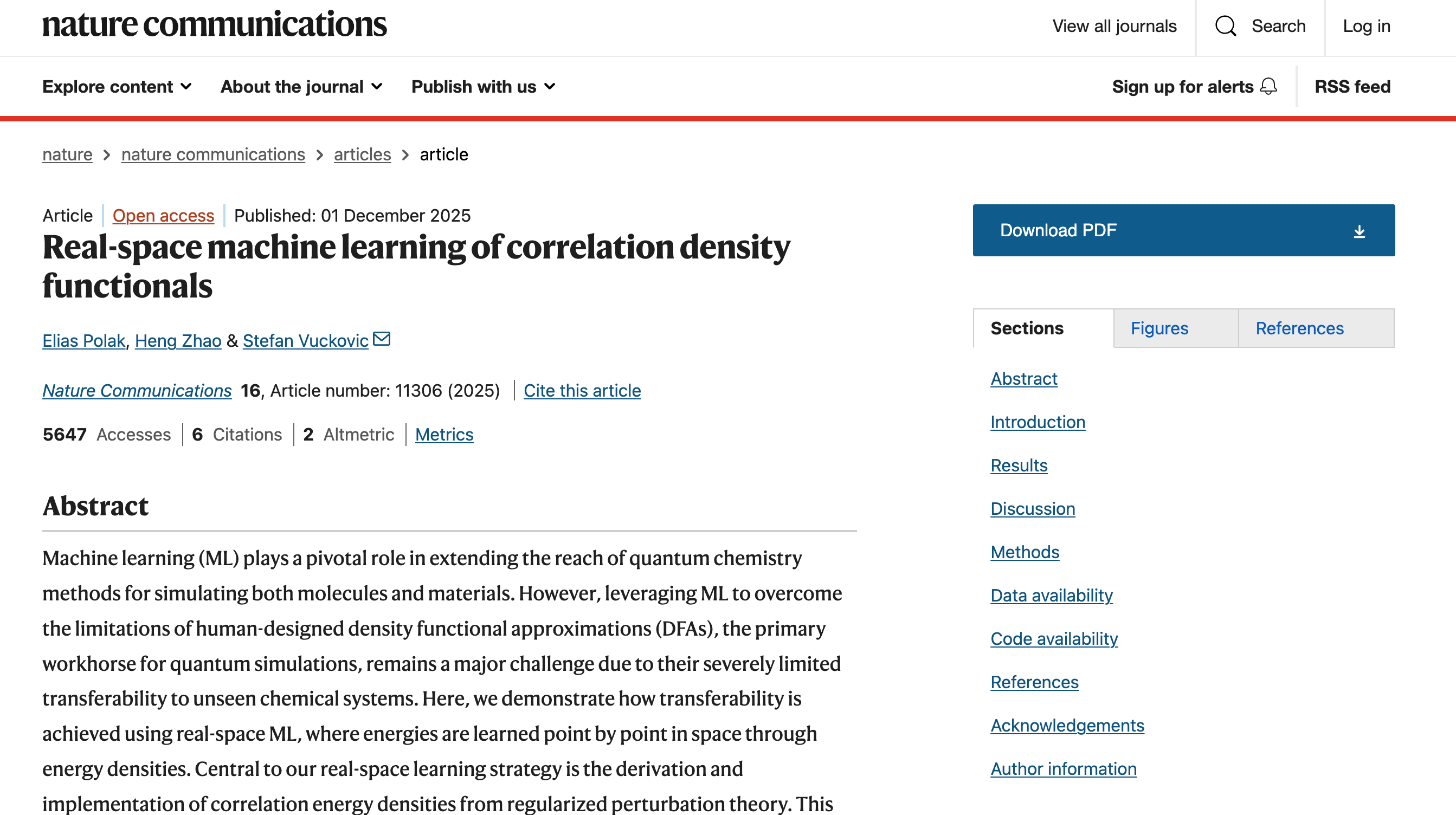 Screenshot of Nature Communications page.