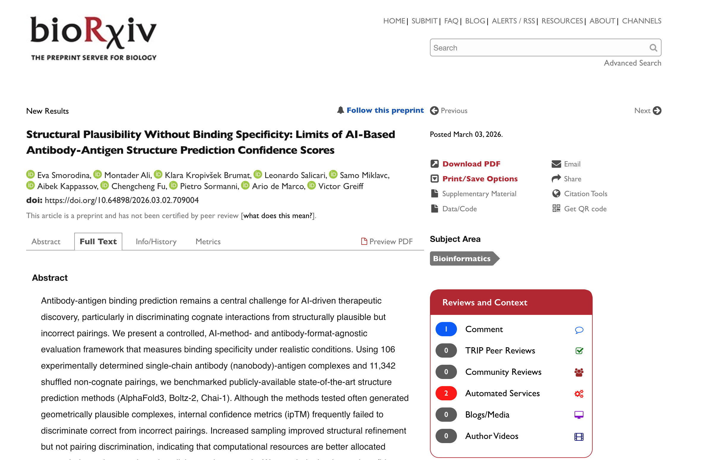 Screenshot of bioRxiv page.