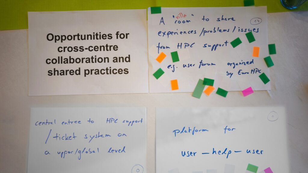 Close-up of workshop notes from an EPICURE discussion on cross-centre collaboration, highlighting ideas for shared HPC support, user forums, ticketing systems and peer-to-peer knowledge exchange.