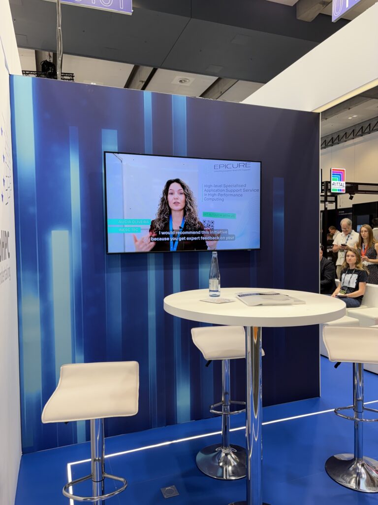EPICURE promotional video displayed at the EuroHPC Joint Undertaking booth during ISC High Performance 2026.