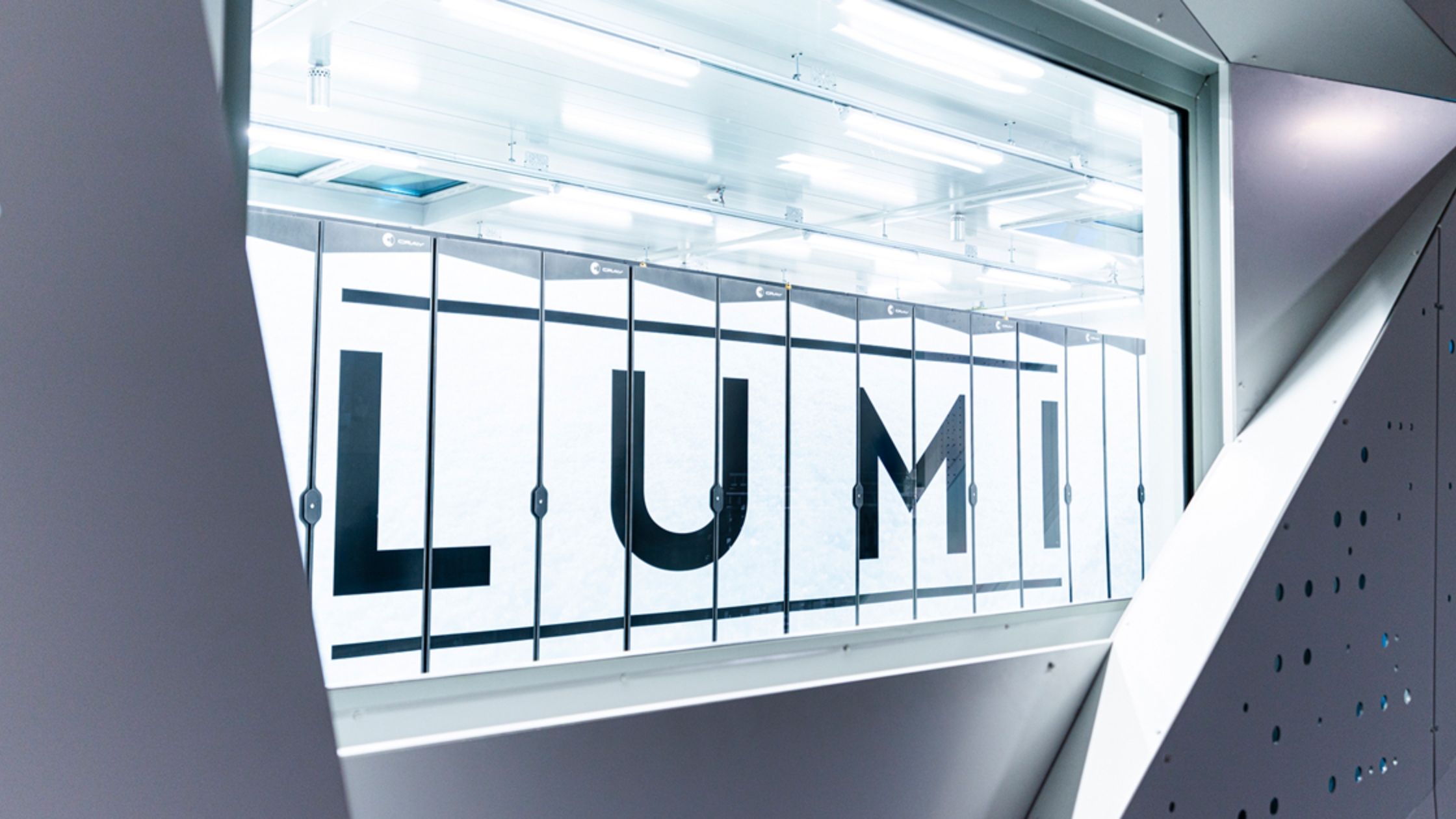 Close-up of the LUMI supercomputer cabinets at the CSC data centre in Finland.